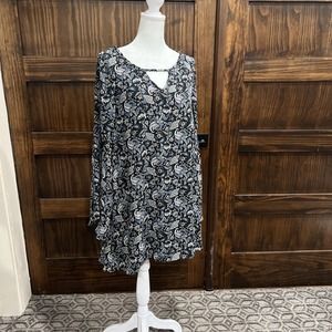 Cecico Dress women medium blue paisley long bell sleeve open back short Boho